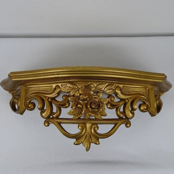 Vintage Gold Wall Shelf Wood Resin Large Gold Gilt Ornate 1960s Flowers Made USA - Picture 1 of 16
